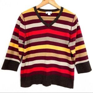 Christopher & Banks Striped 3/4 Sleeve Sweater Womens Medium Brown Red Tan